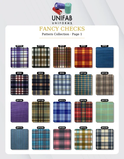 UniFab Fancy Checks fabric chart, page 1, with printed D-number design references