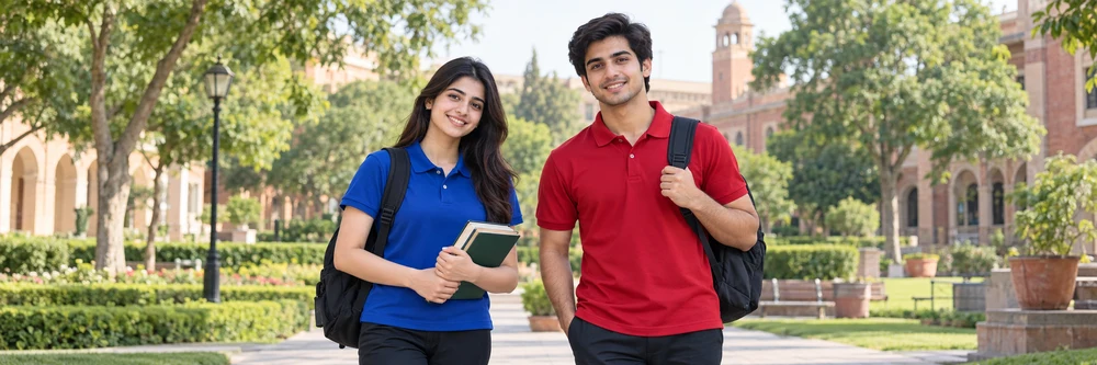 Uniform inspiration: a Pakistani young adult man and woman wearing red and royal blue polo uniforms on a leafy college campus