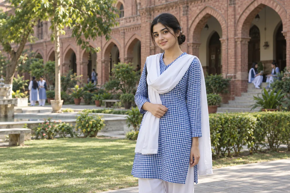 Uniform inspiration: Pakistani student wearing royal blue school checks on a leafy red-brick campus