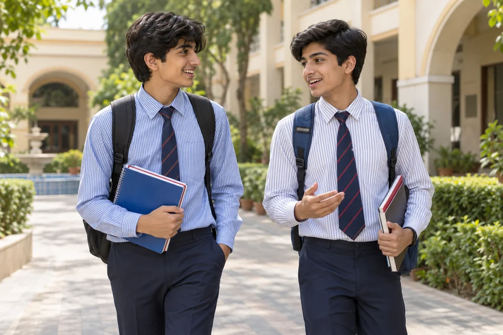 Uniform inspiration: two Pakistani schoolboys in blue and white striped shirts and navy trousers outside their school