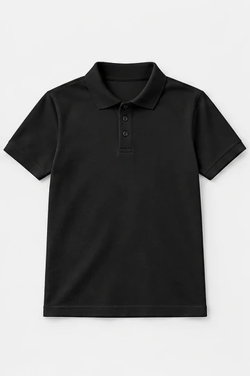 Illustrative black polo colour concept; confirm actual fabric shade