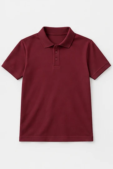 Illustrative maroon polo colour concept; confirm actual fabric shade
