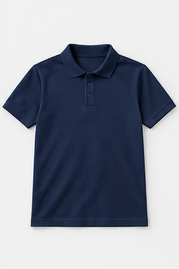 Illustrative navy polo colour concept; confirm actual fabric shade