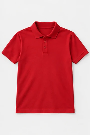 Illustrative red polo colour concept; confirm actual fabric shade