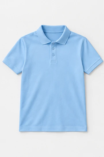 Illustrative sky blue polo colour concept; confirm actual fabric shade