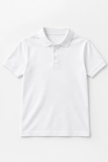 Illustrative white polo colour concept; confirm actual fabric shade